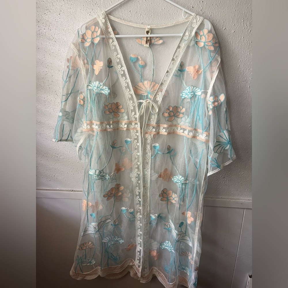“Shoreline Sheer Mesh Floral Embroidered Duster Cover-Up S/M”